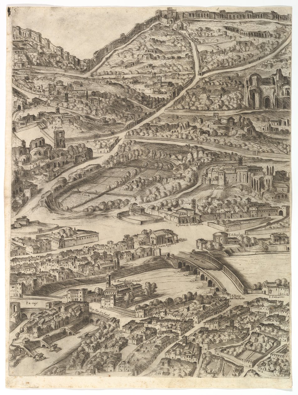 Plan över staden Rom. Del 5 med baden i Caracalla, Santa Sabina och en del av..., 1645. av Antonio Tempesta