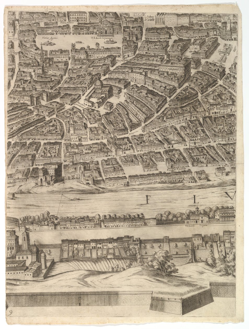 Plan över staden Rom: blad 9 med Piazza Navona, Campo di Fiore och Sant..., 1645. av Antonio Tempesta