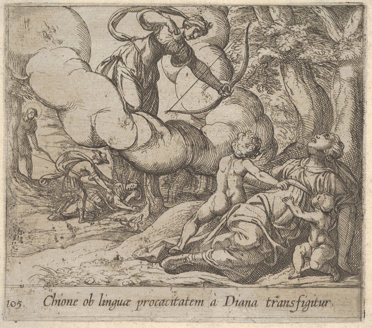 Plåt 105: Diana riktar sin pilbåge mot Chione, som åtföljs av två barn, år 1606. av Antonio Tempesta