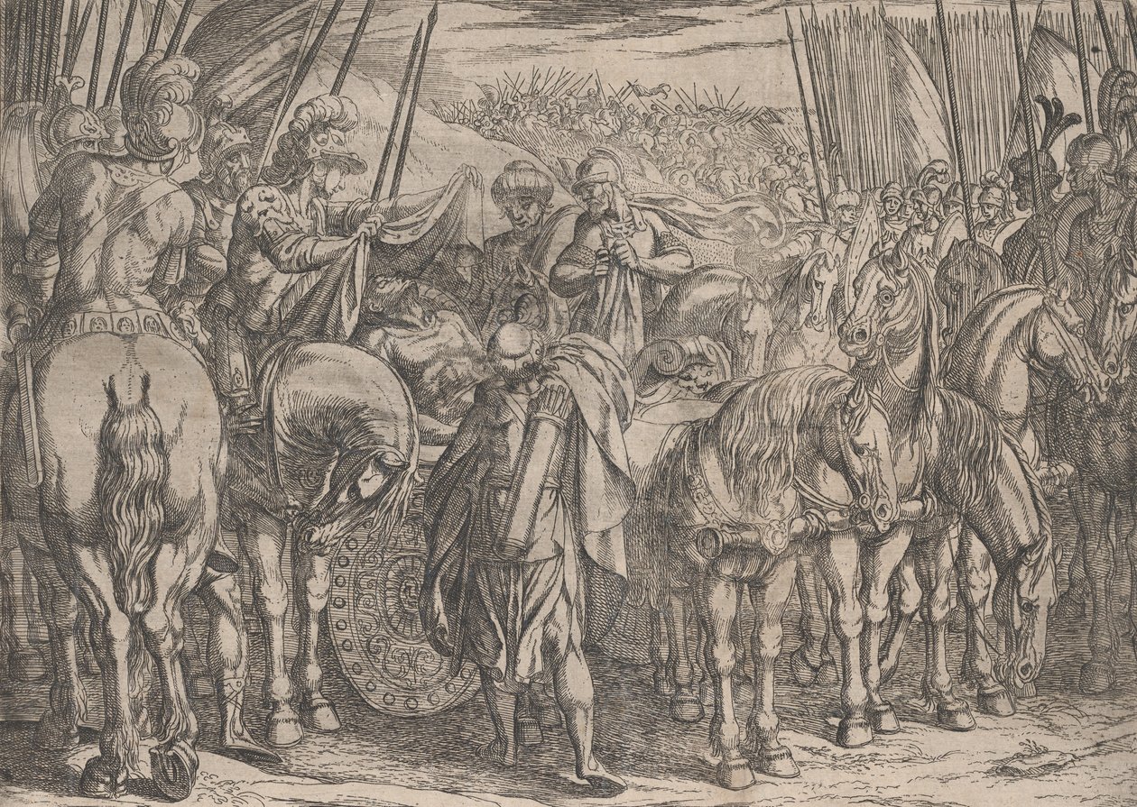 Plåt 10: Alexander hittar Darius kropp, från Alexander den stores gärningar, 1608. av Antonio Tempesta