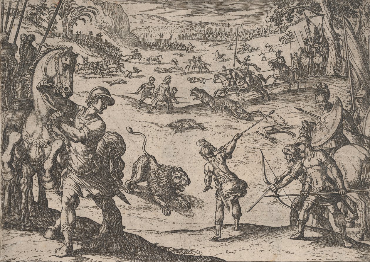 Plåt 11: Alexanders lejonjakt, från Alexander den stores gärningar, 1608., av Antonio Tempesta