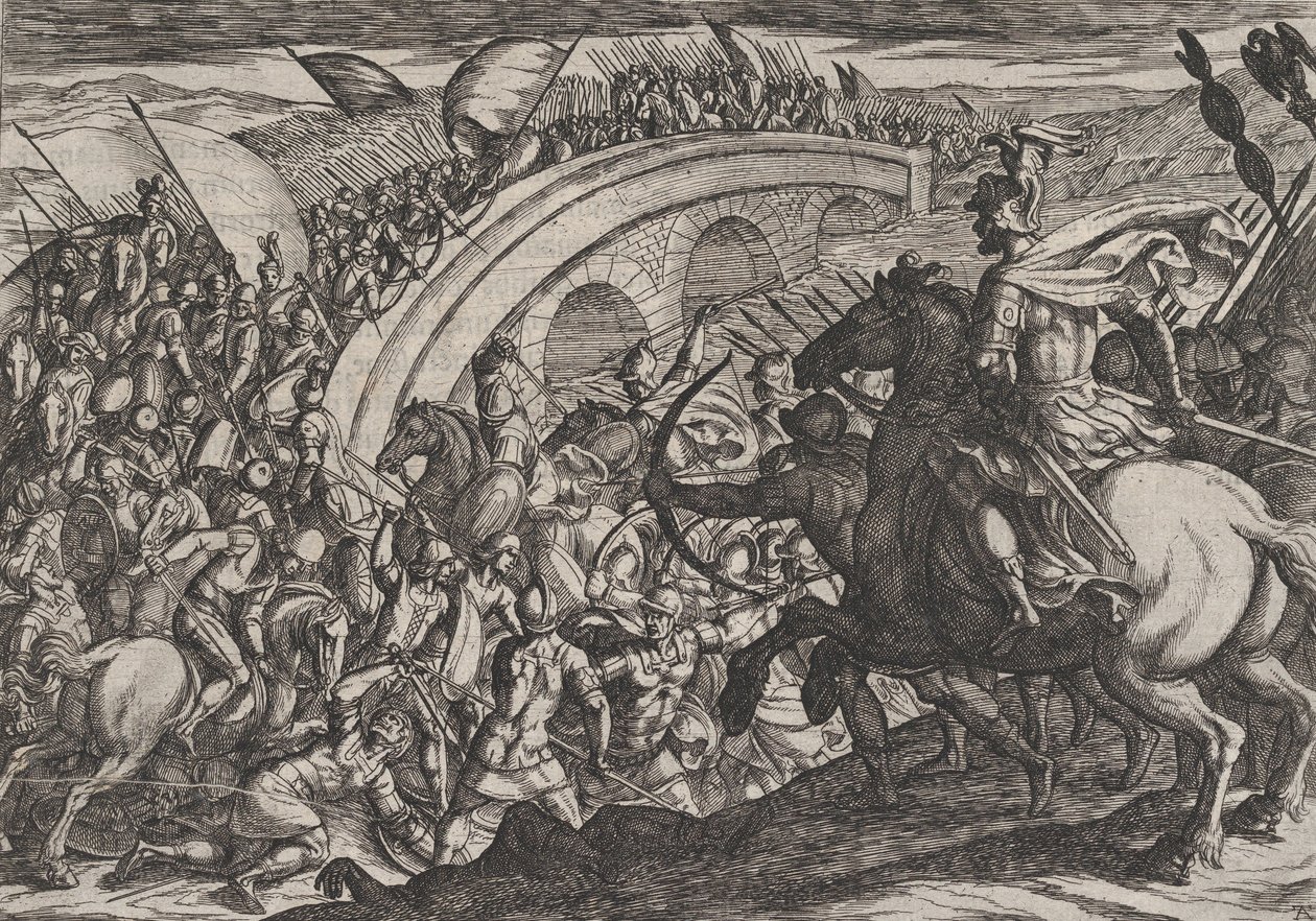 Platta 11: Civilis trupper som korsar Maasfloden, från The War of the Romans Against the ..., 1611. av Antonio Tempesta