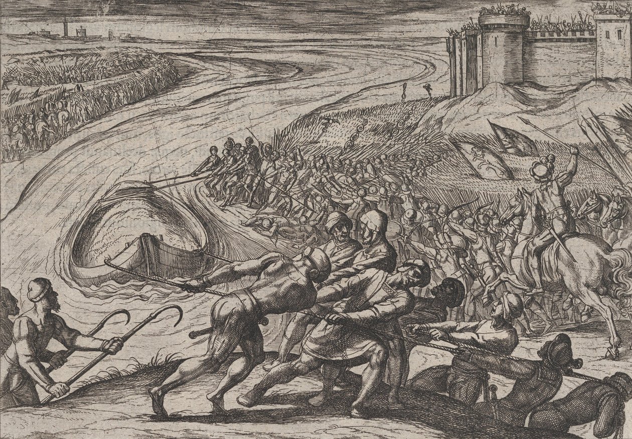 Plåt 12: Att dra ett kärl laddat med spannmål till stranden, från The War of the Romans Against ..., 1611. av Antonio Tempesta