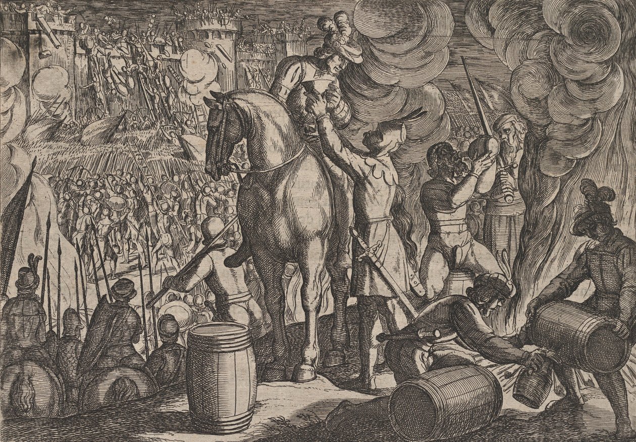 Platt 13: Attack på den romerska fästningen på natten, från The War of the Romans Against the Ba..., 1611. av Antonio Tempesta
