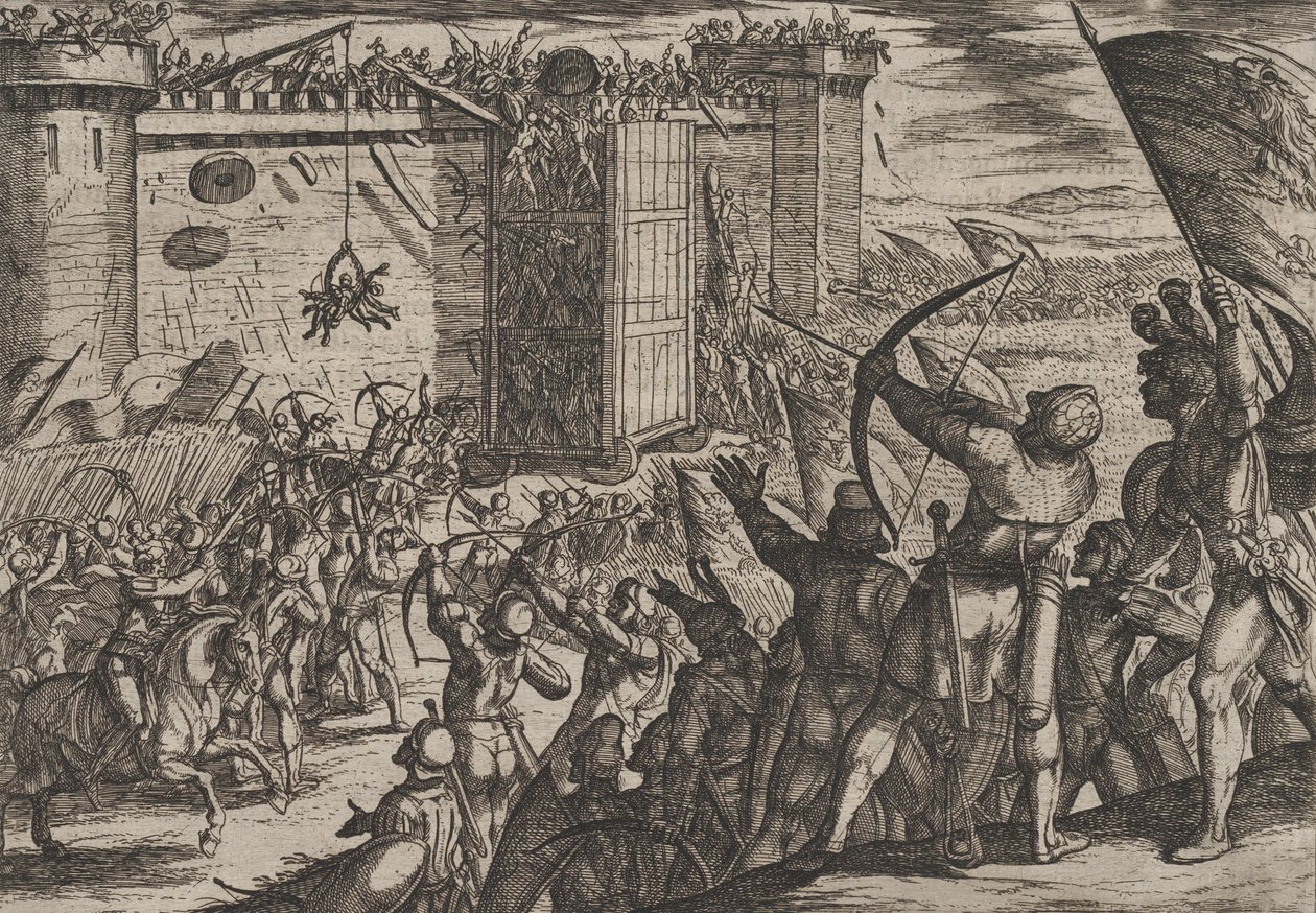Plåt 14: Ny attack mot den gamla fästningen, från The War of the Romans Against the Batavians..., 1611. av Antonio Tempesta