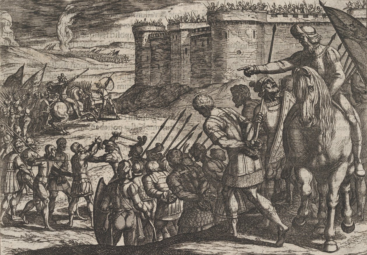 Plåt 16: Romerska fångar före den gamla fästningen, från The War of the Romans Against the B..., 1611. av Antonio Tempesta