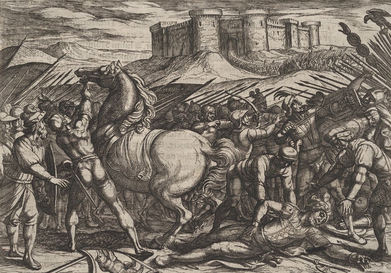 Platta 17: Romarna vilseleds av Civilis häst att tro att han var död eller skadad, från..., 1611. av Antonio Tempesta