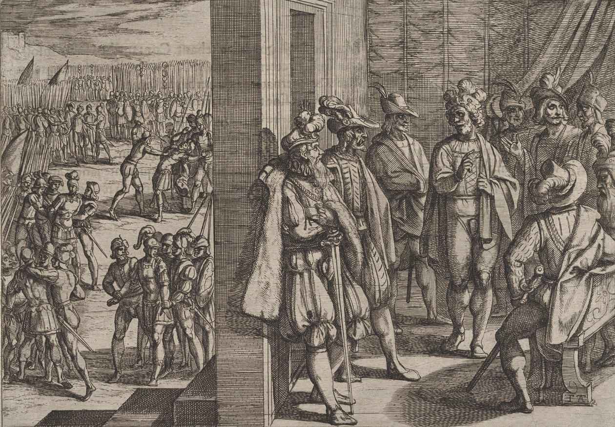 Platt 18: Civilis hemliga möte med andra ledare från Trier, från The War of the Rom..., 1611. av Antonio Tempesta