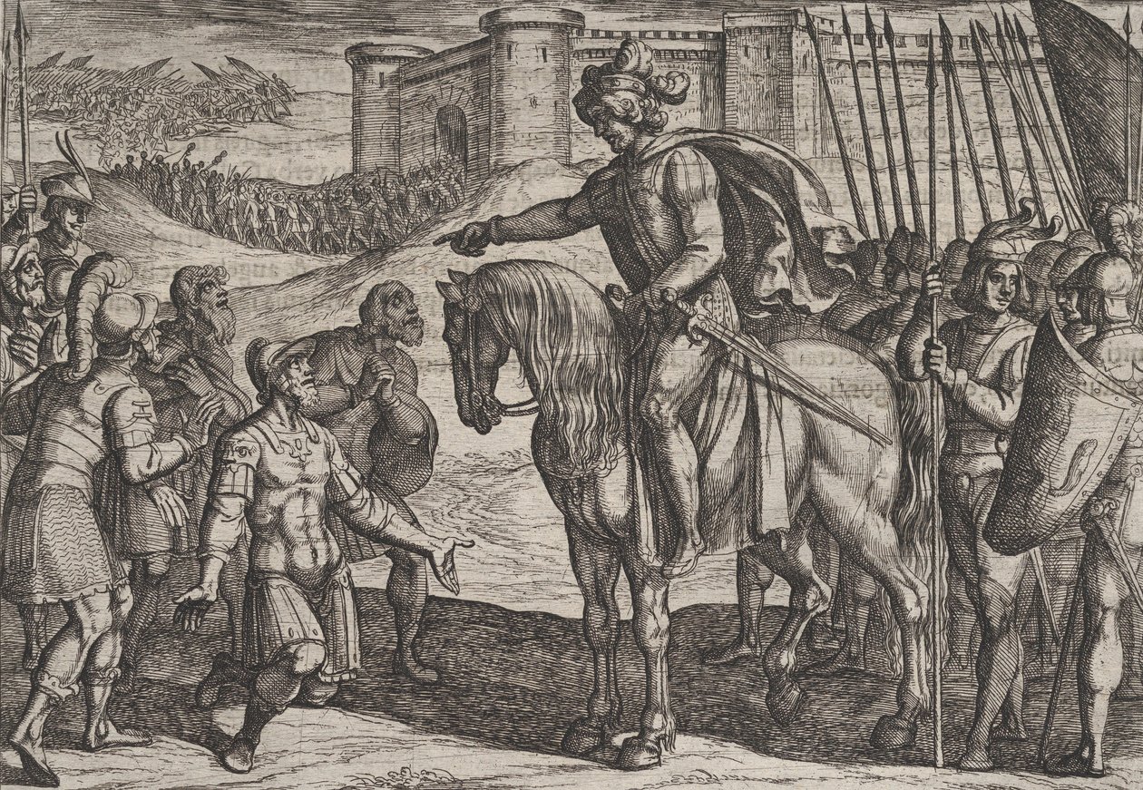 Plåt 19: Män från fästningen överlämnar sig och lovar sina liv till Civilis, från kriget ..., 1611. av Antonio Tempesta