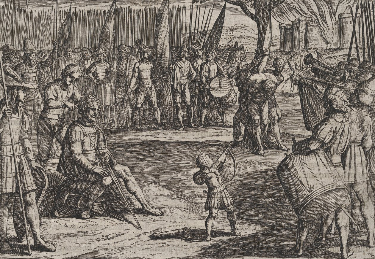 Plåt 20: Civilis som klipper sig, från The War of the Romans Against the Batavians R..., 1611. av Antonio Tempesta