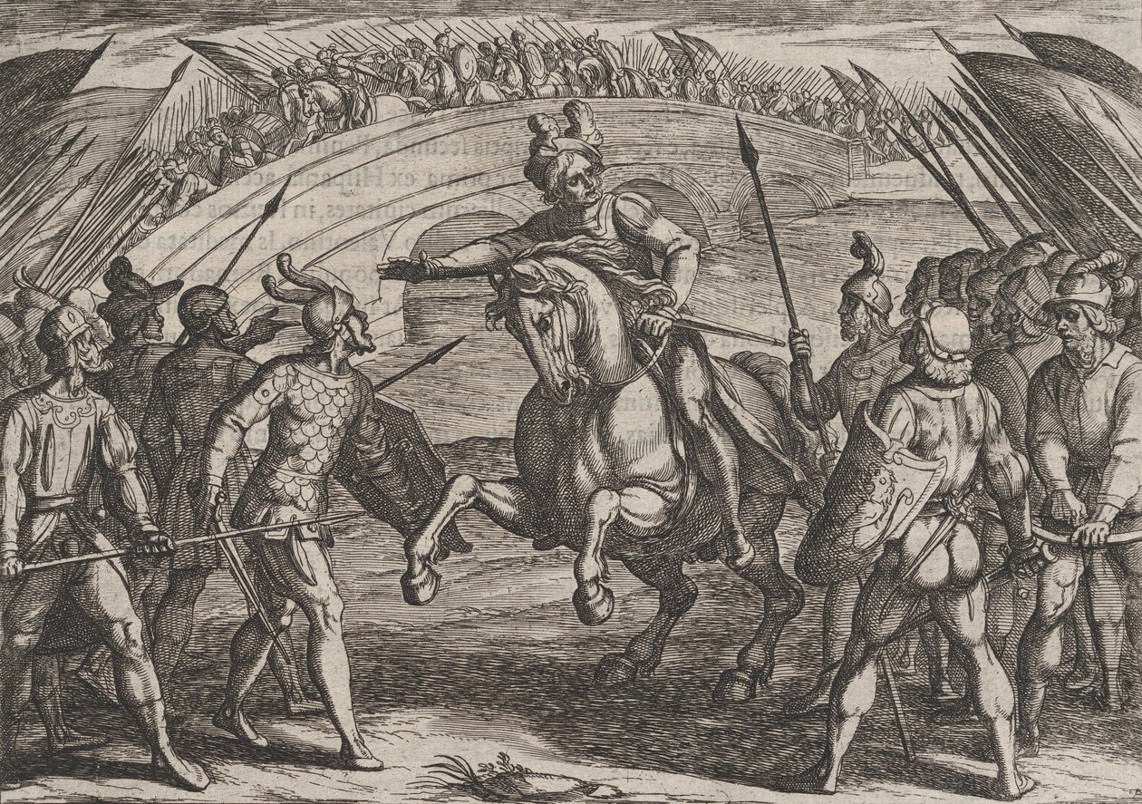 Plåt 22: Civilis skiljer tyska och holländska trupper, från The War of the Romans Against th..., 1611. av Antonio Tempesta
