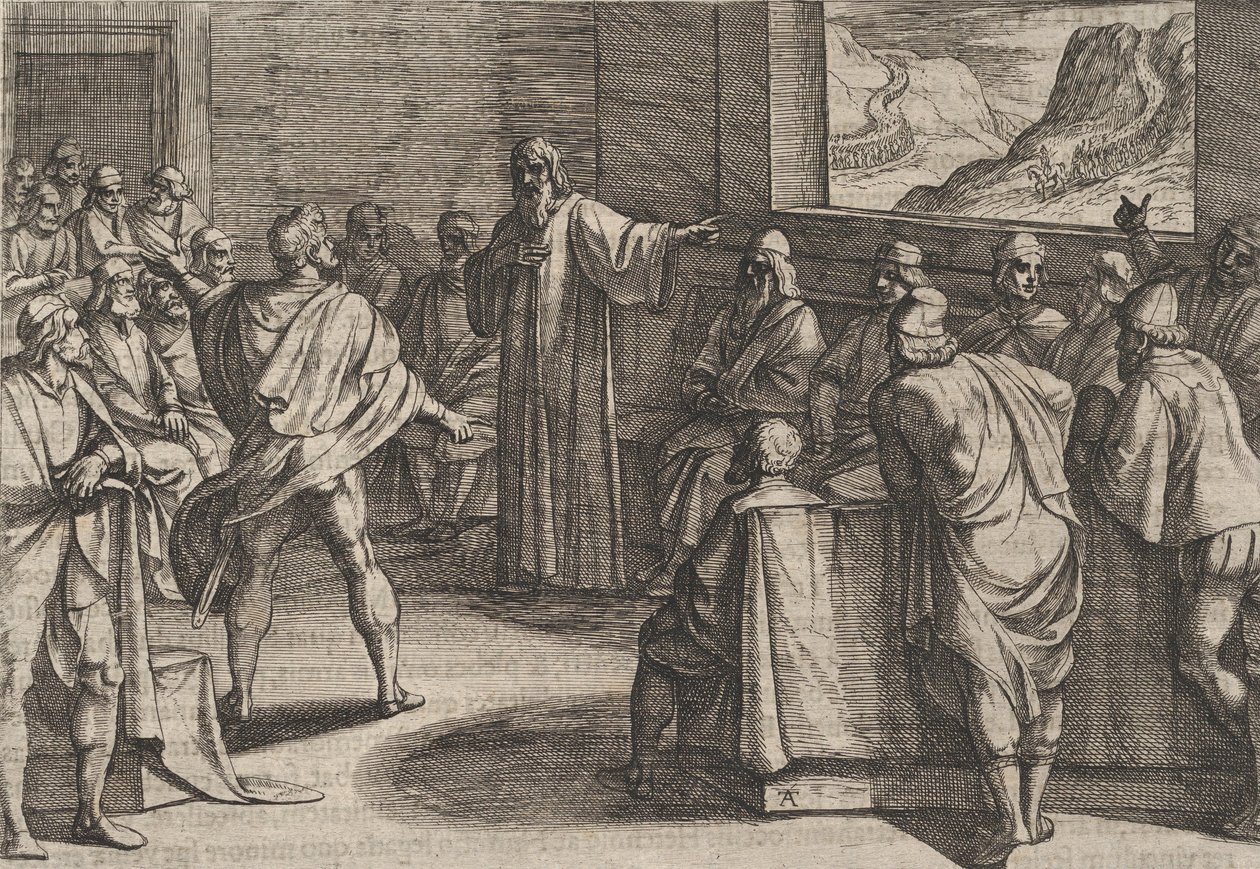 Platt 23: Konferens om vilka åtgärder man ska vidta mot romarnas nya trupper som närmar sig ..., 1611. av Antonio Tempesta