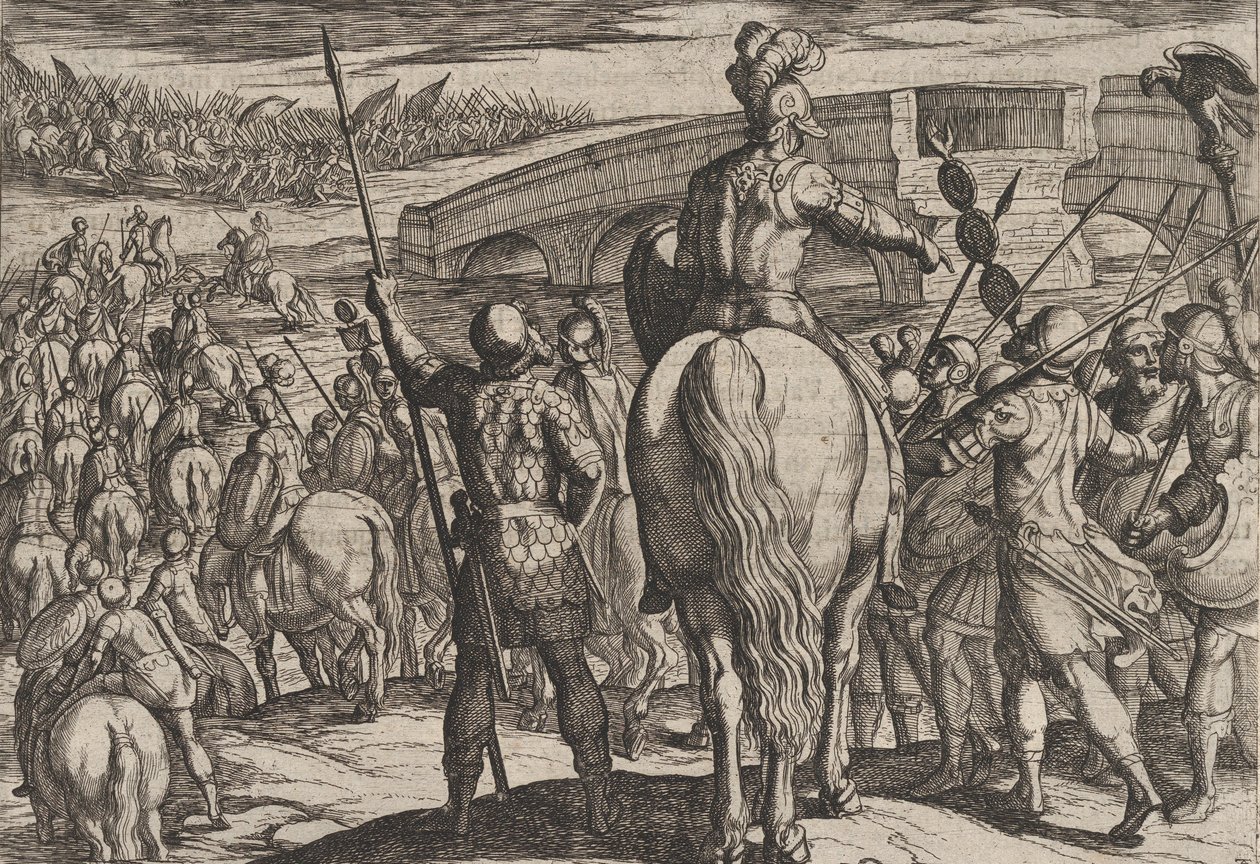 Plåt 24: De nya romerska truppernas förhandsgarde vände tillbaka, från The War of the Roman..., 1611. av Antonio Tempesta