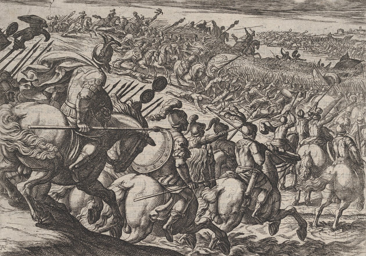 Plåt 25: Den romerske befälhavaren Cerialis attackerar nära Trier, från The War of the Romans Agai..., 1611. av Antonio Tempesta