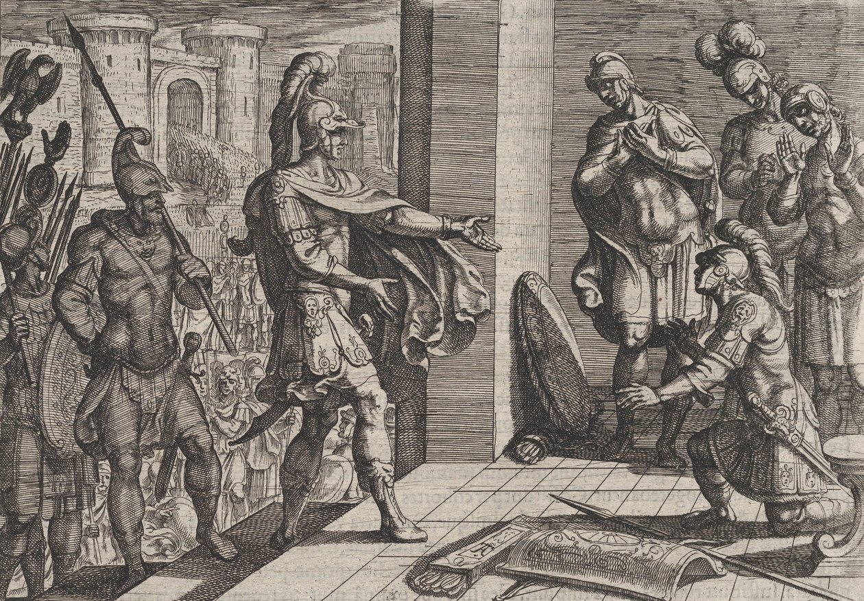 Plåt 26: Cerialis benådar och avlastar romerska soldater som hade hjälpt Civilis, från The Wa..., 1611. av Antonio Tempesta
