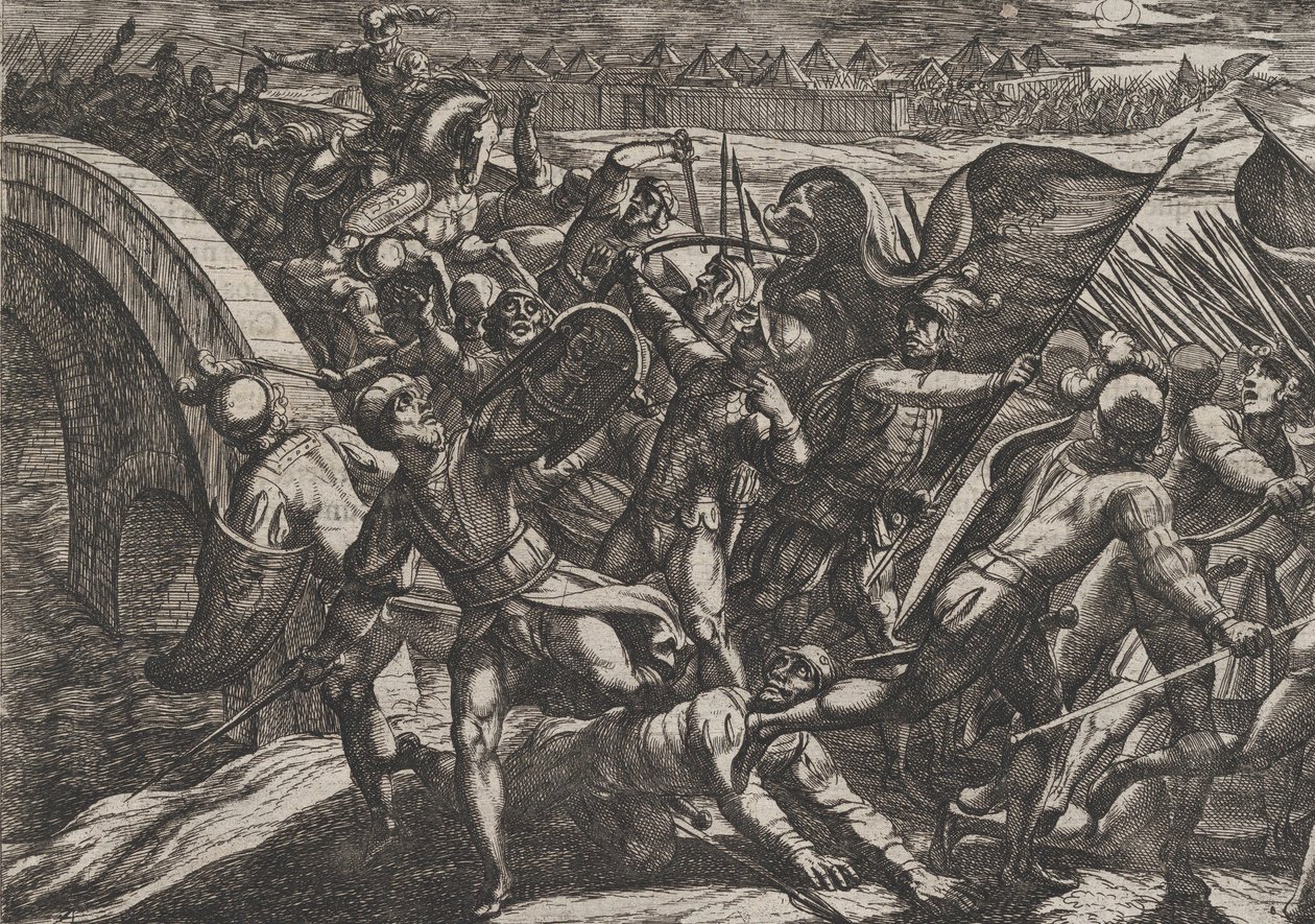 Plåt 27: Holländarna under en överraskningsattack av det romerska lägret vid Mosel, från The Wa..., 1611. av Antonio Tempesta