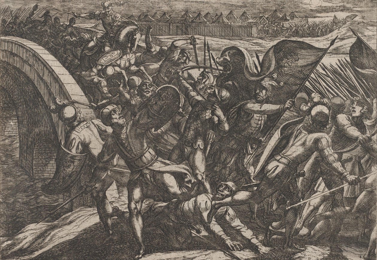 Plåt 27: Holländarna under en överraskningsattack av det romerska lägret vid Mosel, från The Wa..., 1611. av Antonio Tempesta