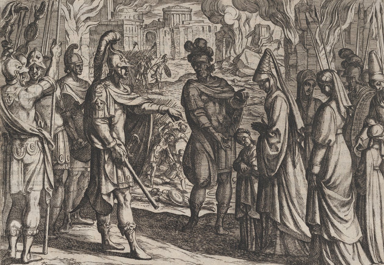 Plåt 28: Kölnska trupper tar Civilis fru och syster till Cerialis, från The War of the R..., 1611. av Antonio Tempesta