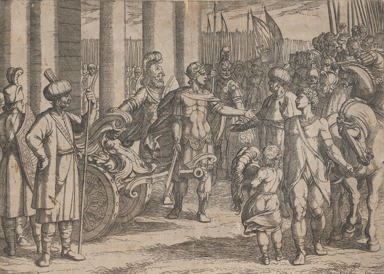 Plåt 2: Alexander Cutting the Gordian Knot, från The Deeds of Alexander the Great, 1608., av Antonio Tempesta