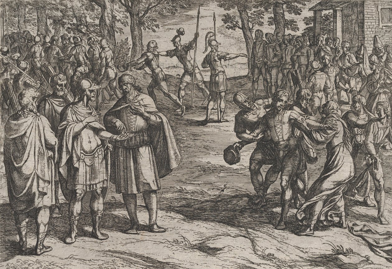 Platt 2: Romarna tar gamla holländska män som gisslan och förför unga, från kriget..., 1611. av Antonio Tempesta