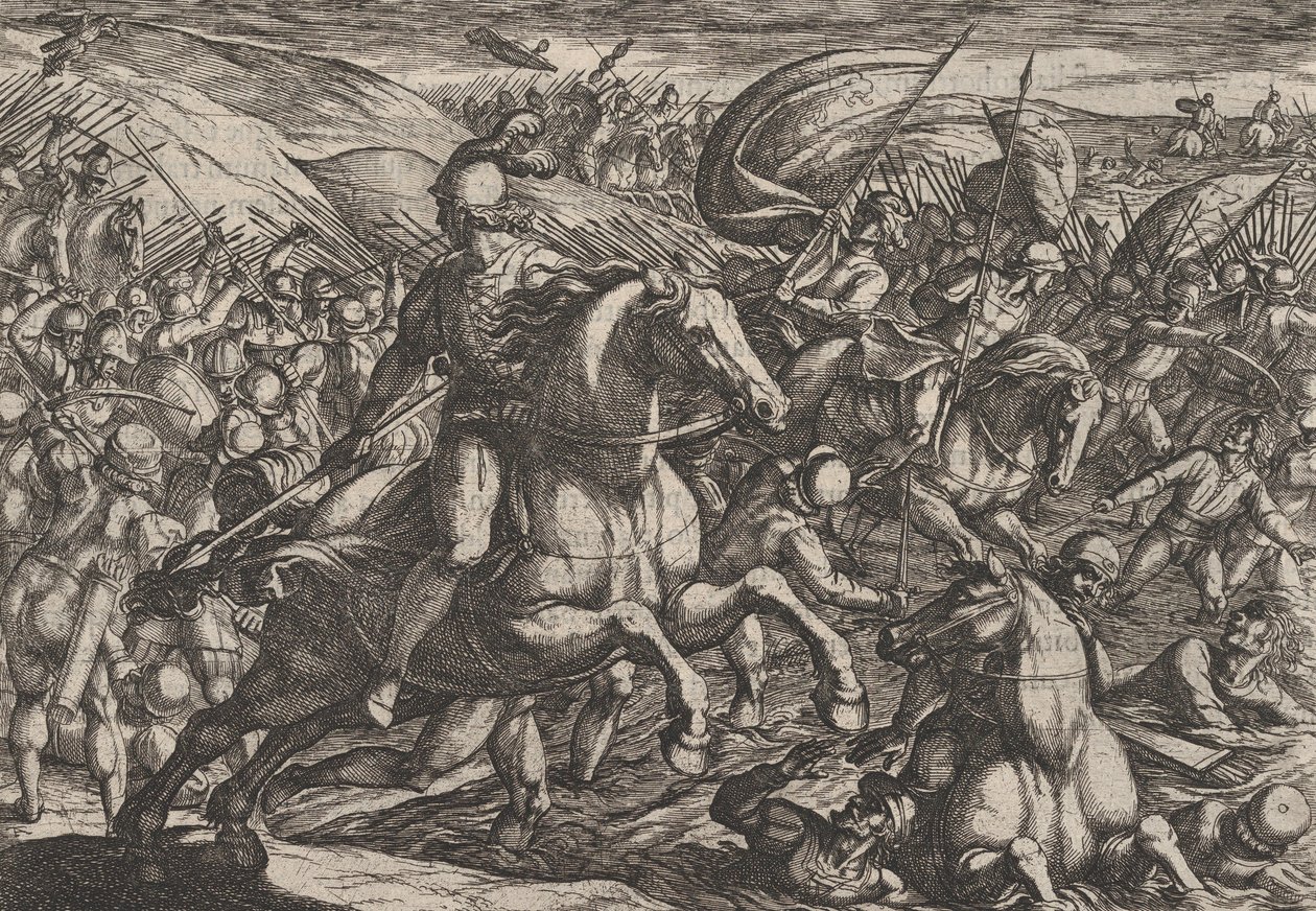 Plåt 30: Cerialis driver holländarna in i Rhen, från The War of the Romans Against th..., 1611. av Antonio Tempesta