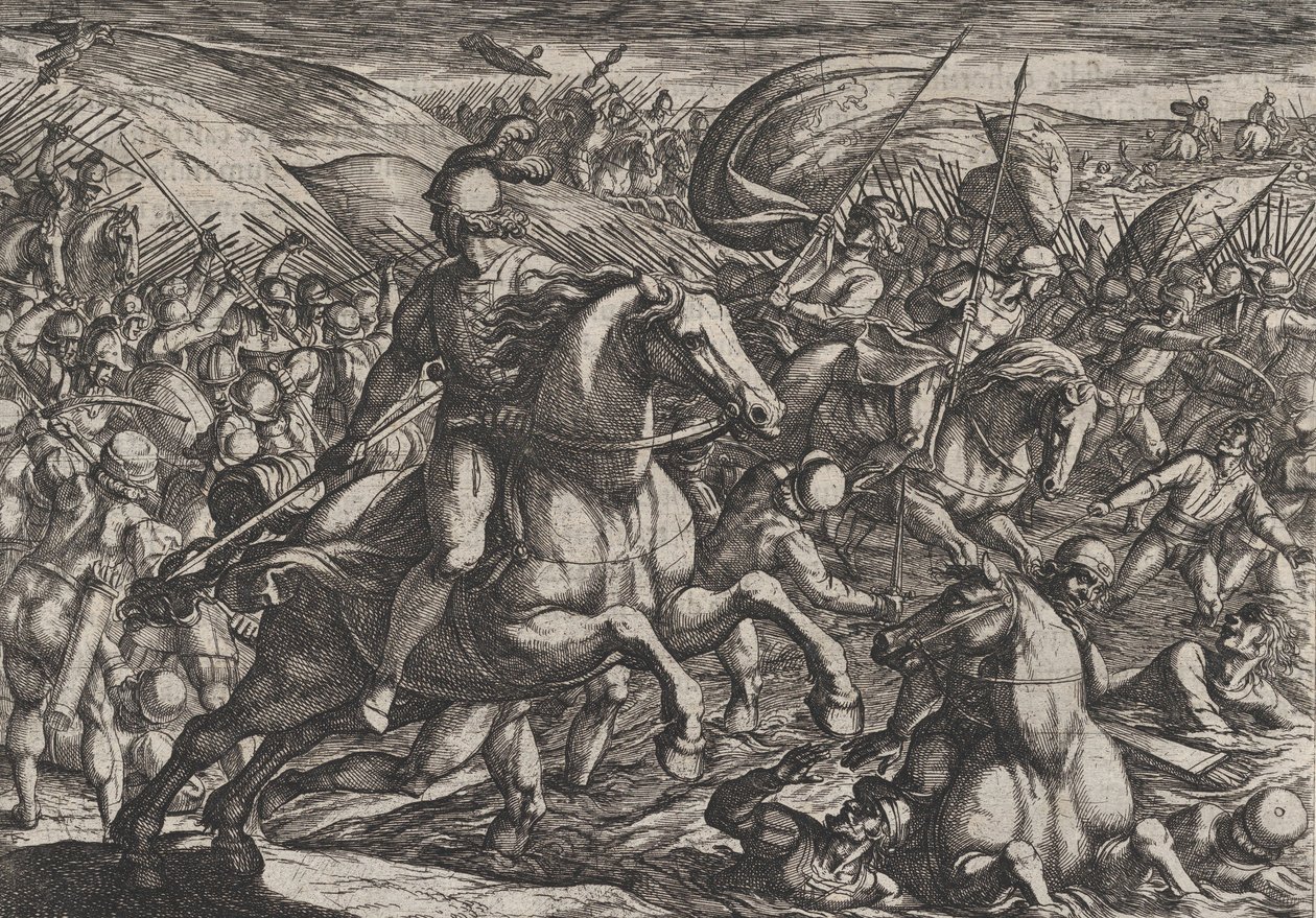 Plåt 30: Cerialis driver holländarna in i Rhen, från The War of the Romans Against th..., 1611. av Antonio Tempesta
