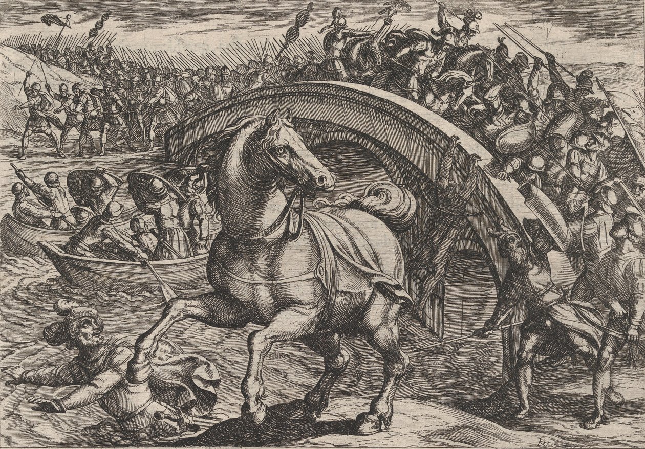 Plåt 31: Civilis tvingad att stiga av och simma över floden, från The War of the Romans..., 1611. av Antonio Tempesta