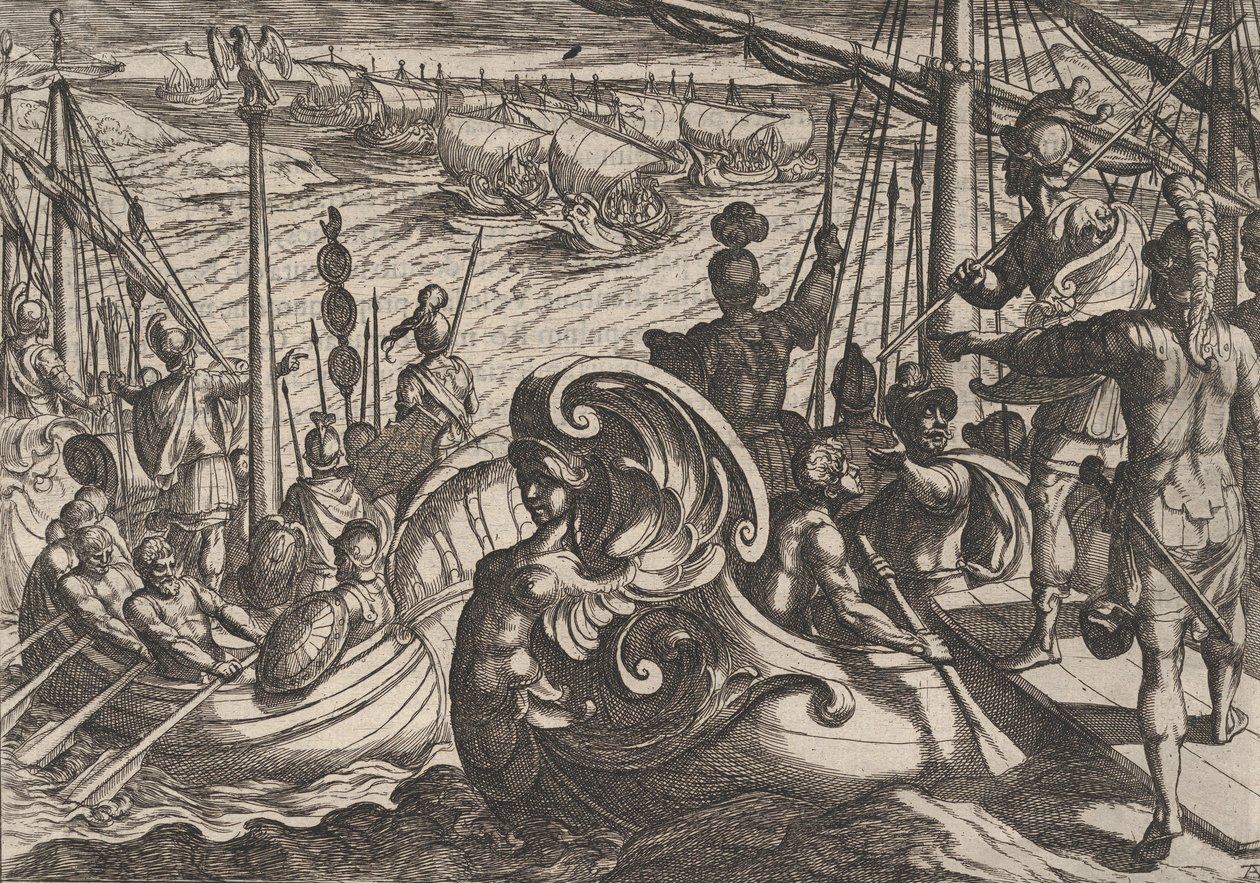 Plåt 33: Holländska och romerska flottiler på Rhen, från The War of the Romans Against the B..., 1611. av Antonio Tempesta