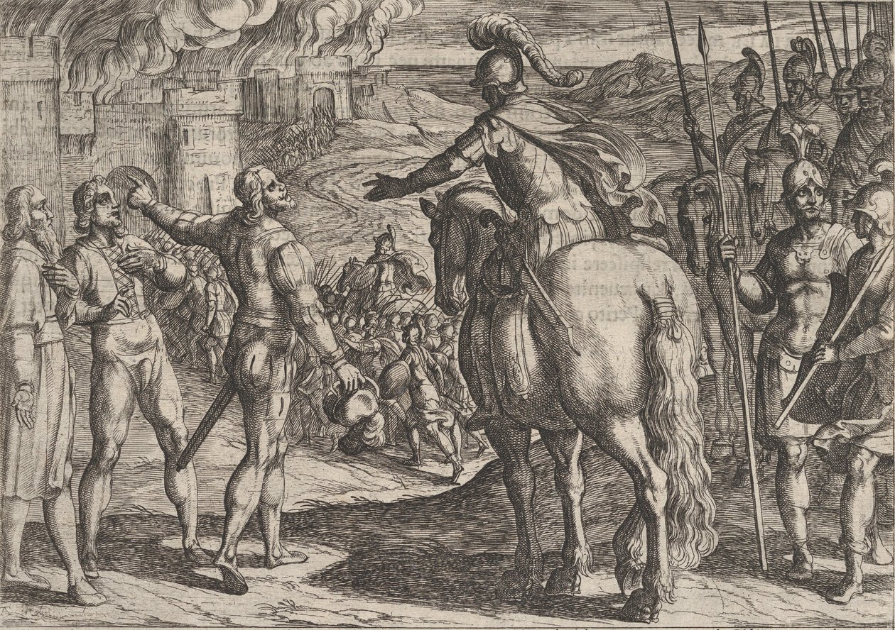 Platta 34: Romarna bränner den holländska landsbygden, från The War of the Romans Against the..., 1611. av Antonio Tempesta