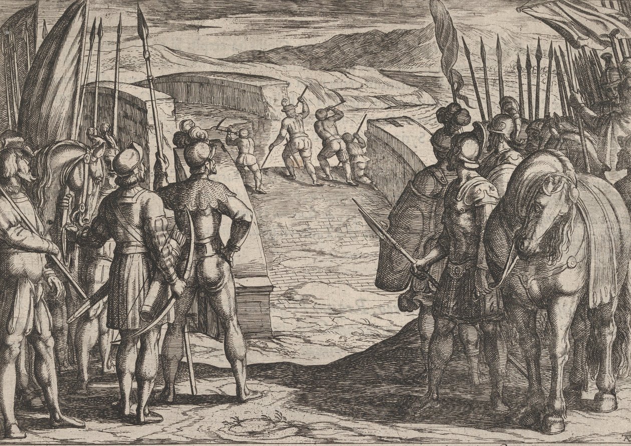 Platt 35: Bataverna blir rädda och börjar fredssamtal, från The War of the Romans Ag..., 1611. av Antonio Tempesta