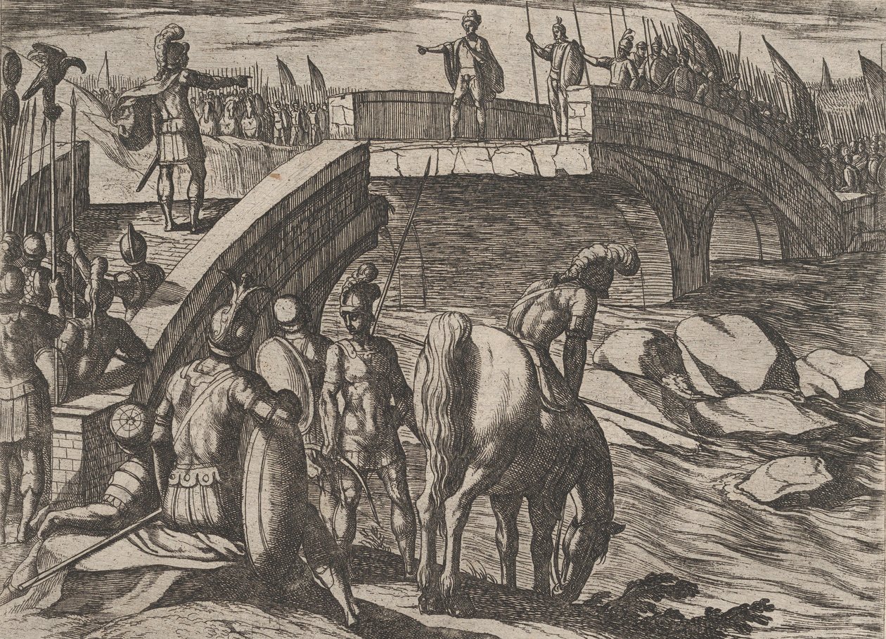 Platta 36: Civilis och Cerialis möts på en bruten bro för att nå en överenskommelse, från The War of..., 1611. av Antonio Tempesta