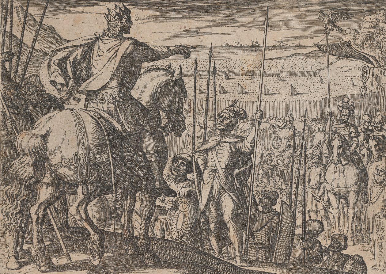 Plåt 3: Alexander instruerar sina soldater, från Alexander den stores gärningar, 1608. av Antonio Tempesta