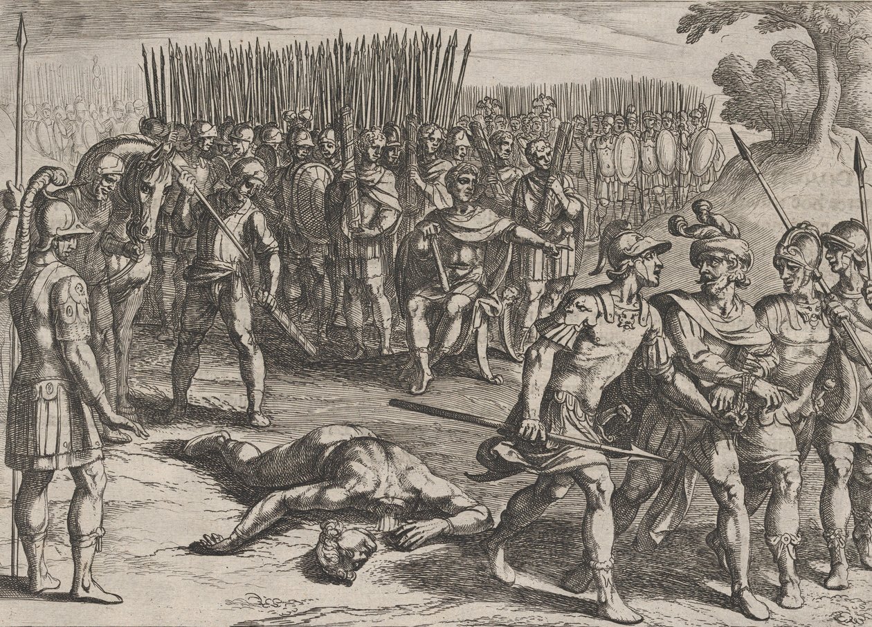 Plåt 3: Claudius Civilis arresterad och hans bror Paulus halshuggen, från The War of the Ro..., 1611. av Antonio Tempesta