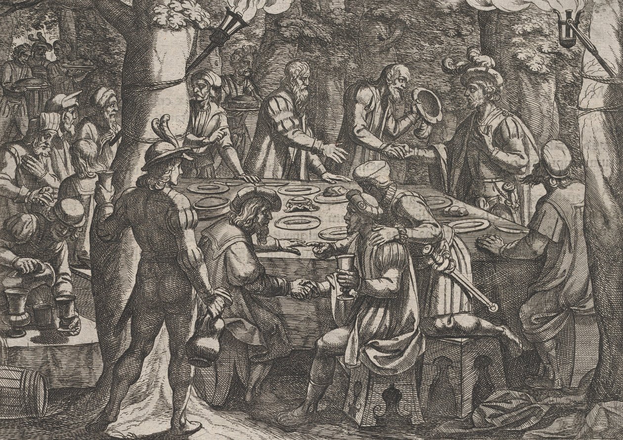 Platta 4: Civilis berättar för de holländska äldste att de behandlas som slavar av romarna..., 1611. av Antonio Tempesta