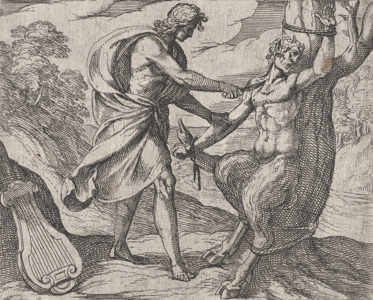 Plåt 58: Apollo Killing Marsyas Marsyas besegrad av Apollo, från Ovids 