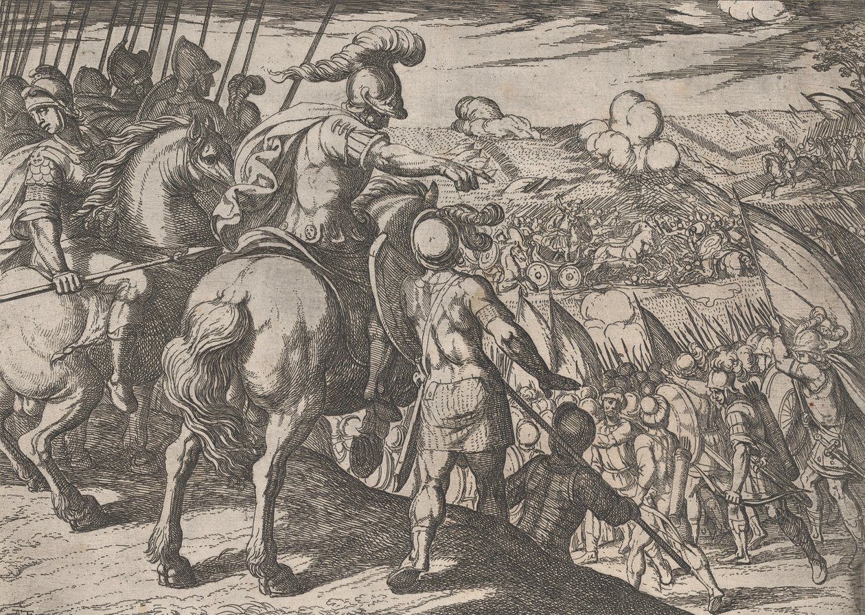 Platta 5: Alexander dirigerar ett slag, från Alexander den stores gärningar, 1608., av Antonio Tempesta