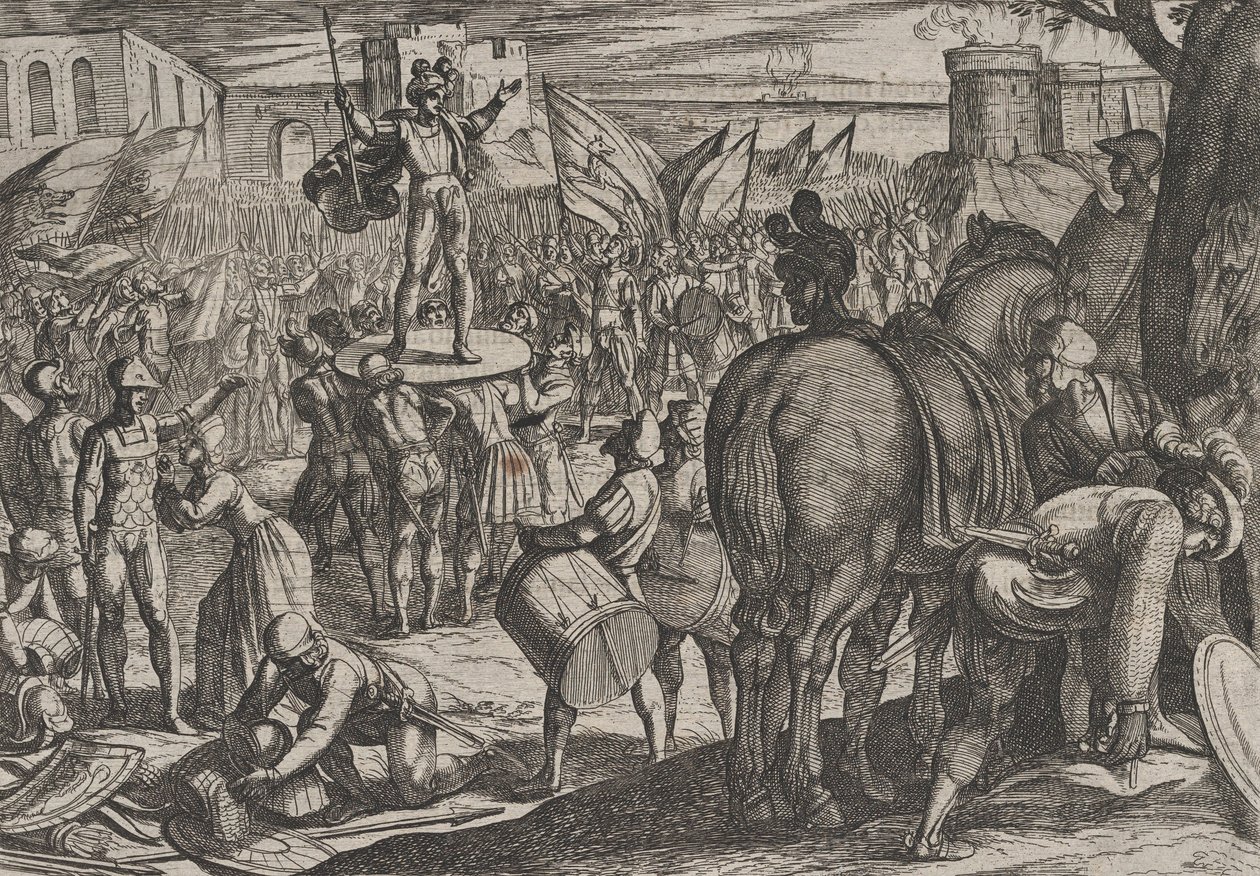 Tavla 5: Bruno utnämnd till ledare för hundfatterna, från The War of the Romans Against the..., 1611. av Antonio Tempesta