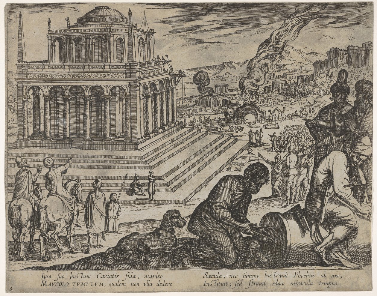 Plåt 5: Mausolus grav, stenhuggare gör en kolumn till höger, från De sju underverken..., 1608. av Antonio Tempesta