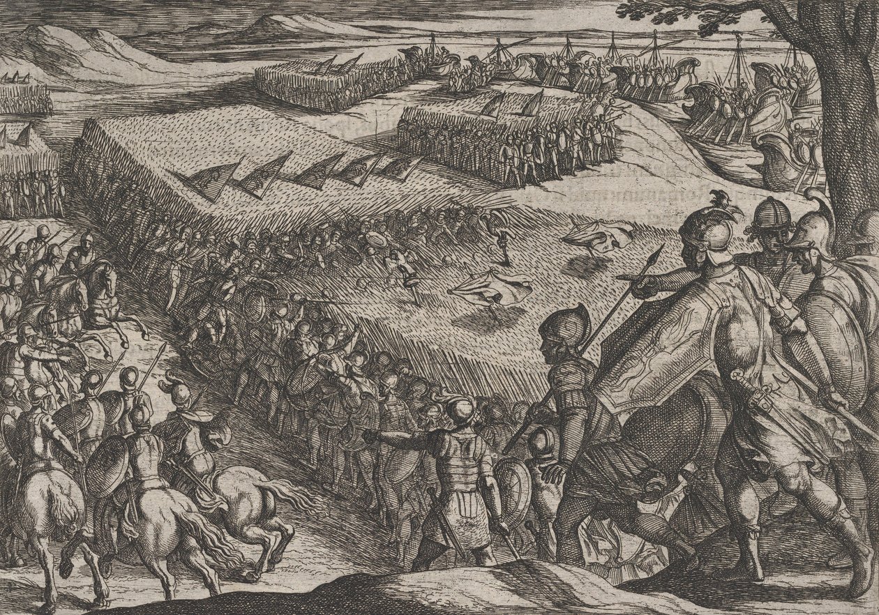 Platta 6: Romarna besegrade nära Rhen, från The War of the Romans Against the Batavians ..., 1611. av Antonio Tempesta