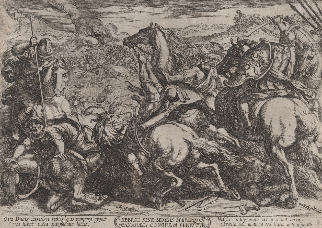 Plåt 6: Israeliterna besegrade av kanaanéerna för att ha varit olydiga mot Moses..., ca. 1590-ca. 1610. av Antonio Tempesta