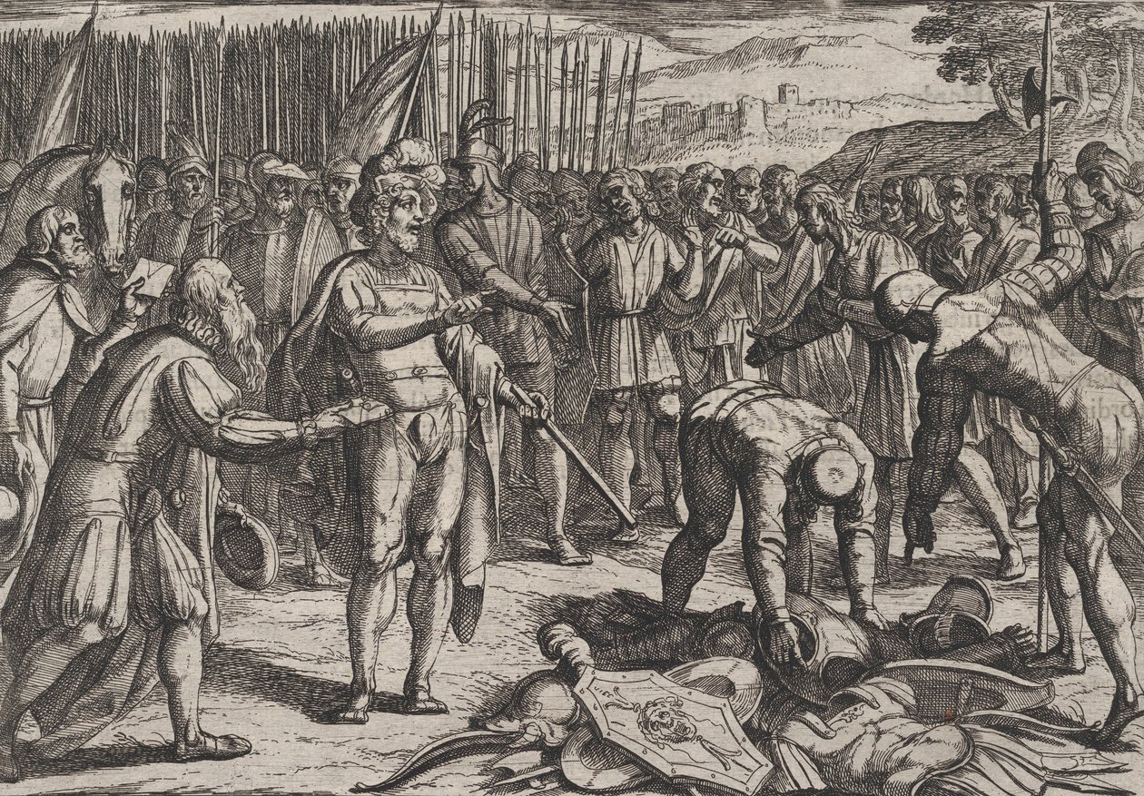 Plåt 7: Tyska sändebud besöker Civilis, från The War of the Romans Against the Batavians Ro..., 1611. av Antonio Tempesta