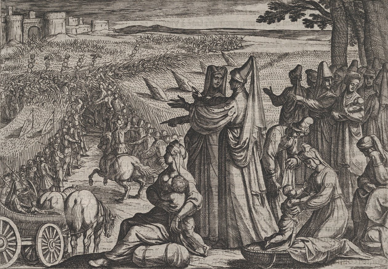Platt 8: Kvinnor och barn observerar Civilis som slåss mot romarna, från The War of the Roma..., 1611. av Antonio Tempesta