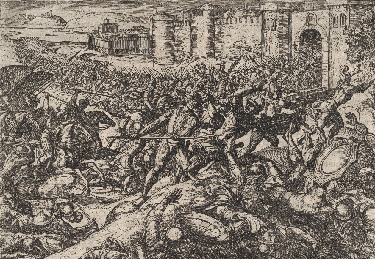 Platta 9: Romarna besegrade av de holländska trupperna i Bonna, från The War of the Romans Agai..., 1611. av Antonio Tempesta