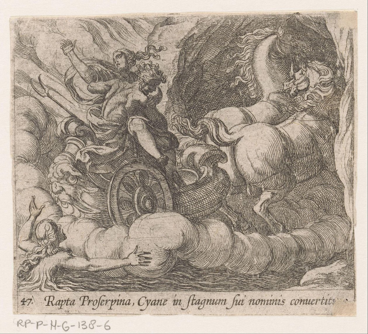 Pluto slukar Proserpina som försmäktar från nymfen Cyane Bortförd av Proserpina, förvandlas Cyane till en egen pool (titel på objekt) Metamorfoseon eller transformationer (serietitel) Metamorfosen van Ovidius (serietitel) av Antonio Tempesta