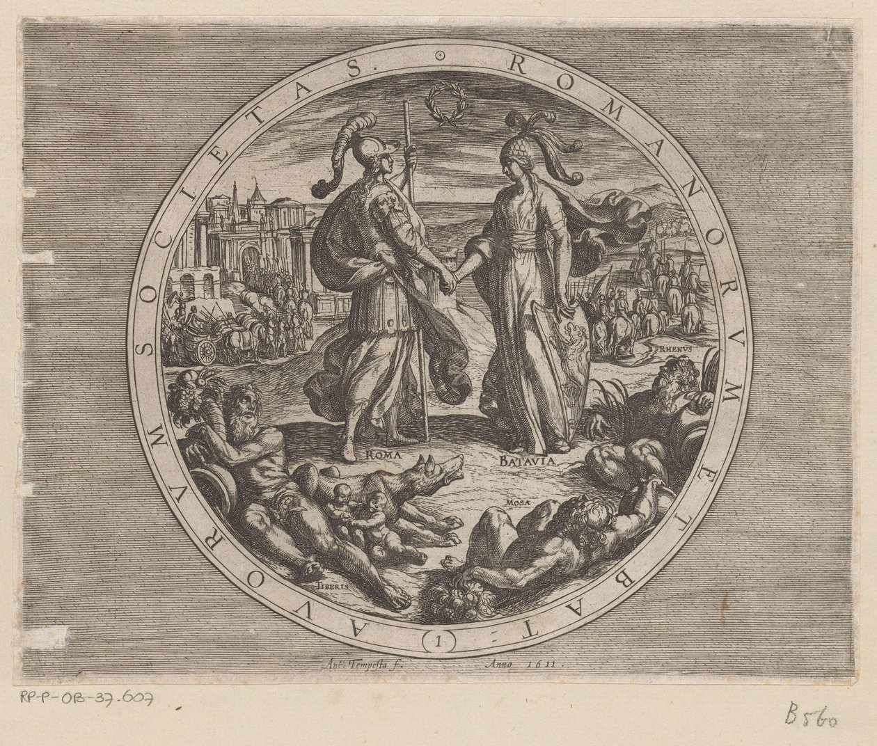 Rome en Batavia schudden varandra de hand Society of the Romans and the Dutch (titel på objekt) De Bataafse oorlogen tegen de Romeinen (serietitel) Slaget mellan holländarna med romarna (serietitel) av Antonio Tempesta