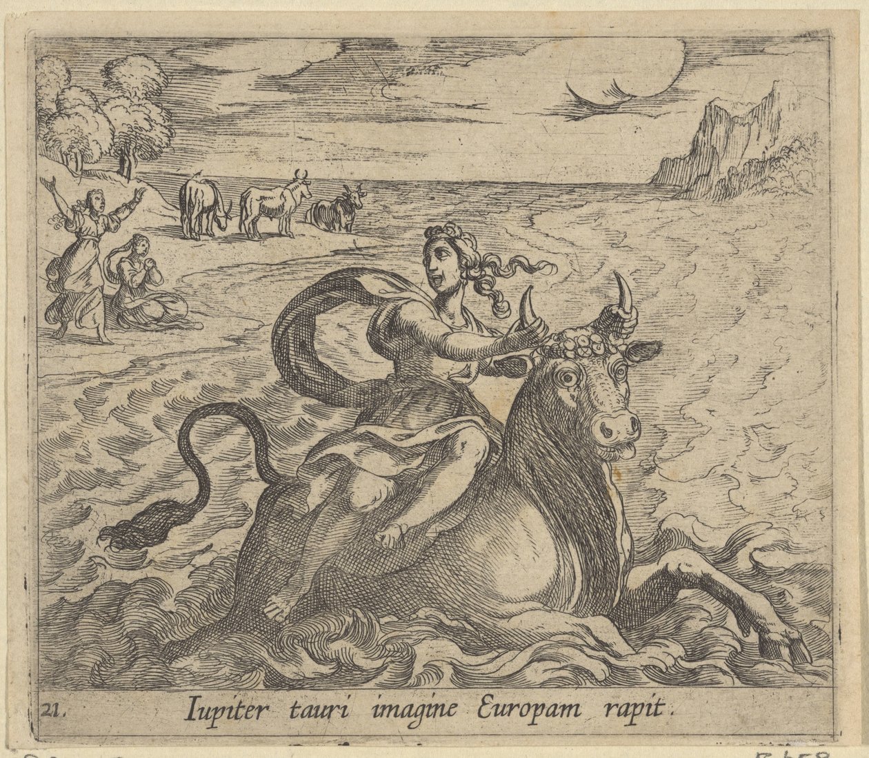 Takbil Europa Jupiter fångar Europa i bilden av en tjur (titel på objekt) Metamorfoseon eller transformationer (serietitel) Metamorfosen van Ovidius (serietitel) av Antonio Tempesta