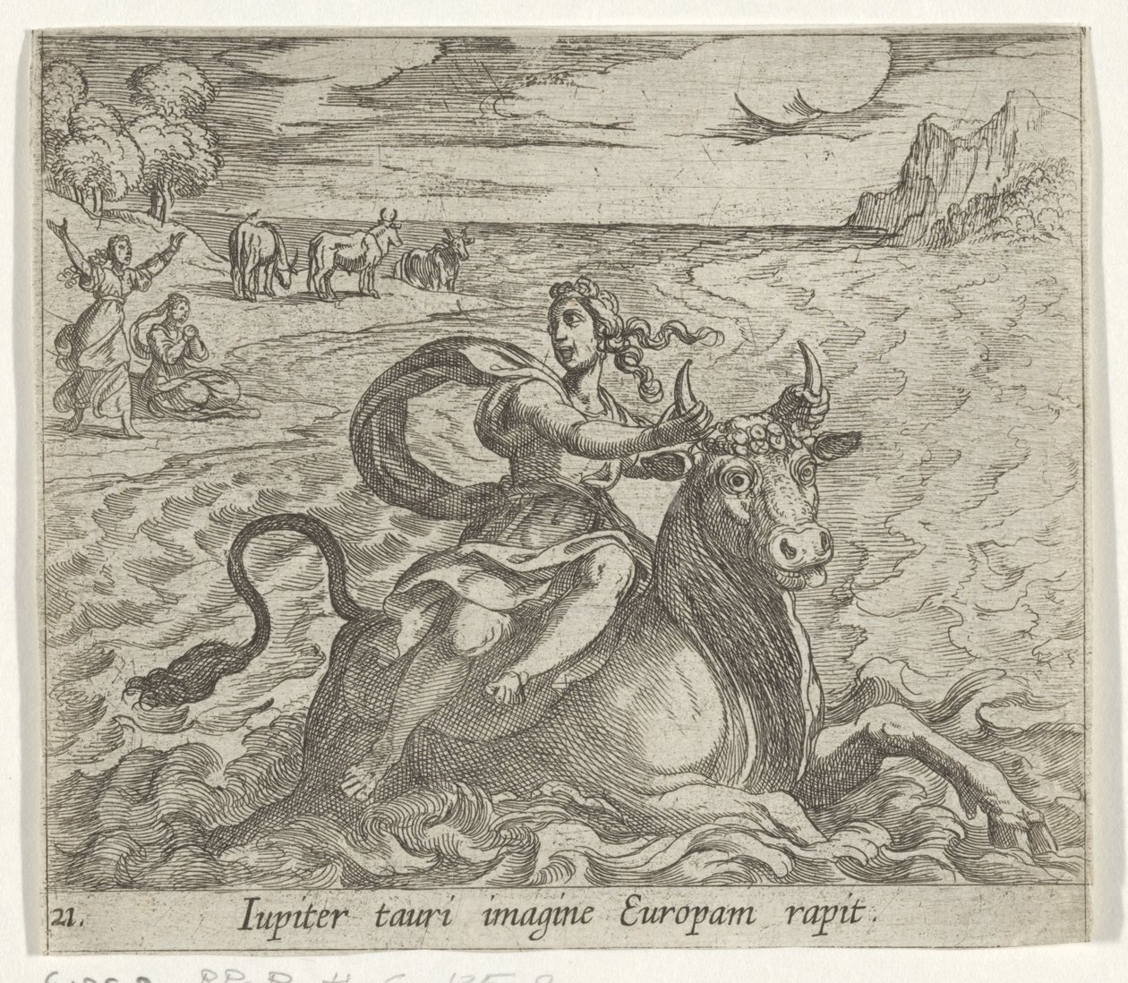 Takbil Europa Jupiter fångar Europa i bilden av en tjur (titel på objekt) Metamorfoseon eller transformationer (serietitel) Metamorfosen van Ovidius (serietitel) av Antonio Tempesta