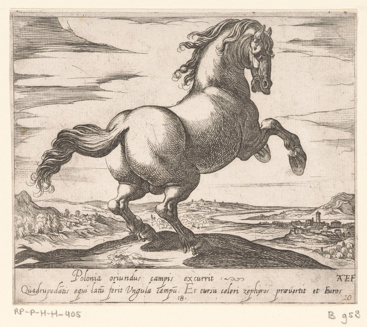 Steigerend paard naar rechts gewend Paarden uit verschiedelden landen (serietitel) Med dessa ledare kommer du att firas som en ledare med en viroru-mun. av Antonio Tempesta