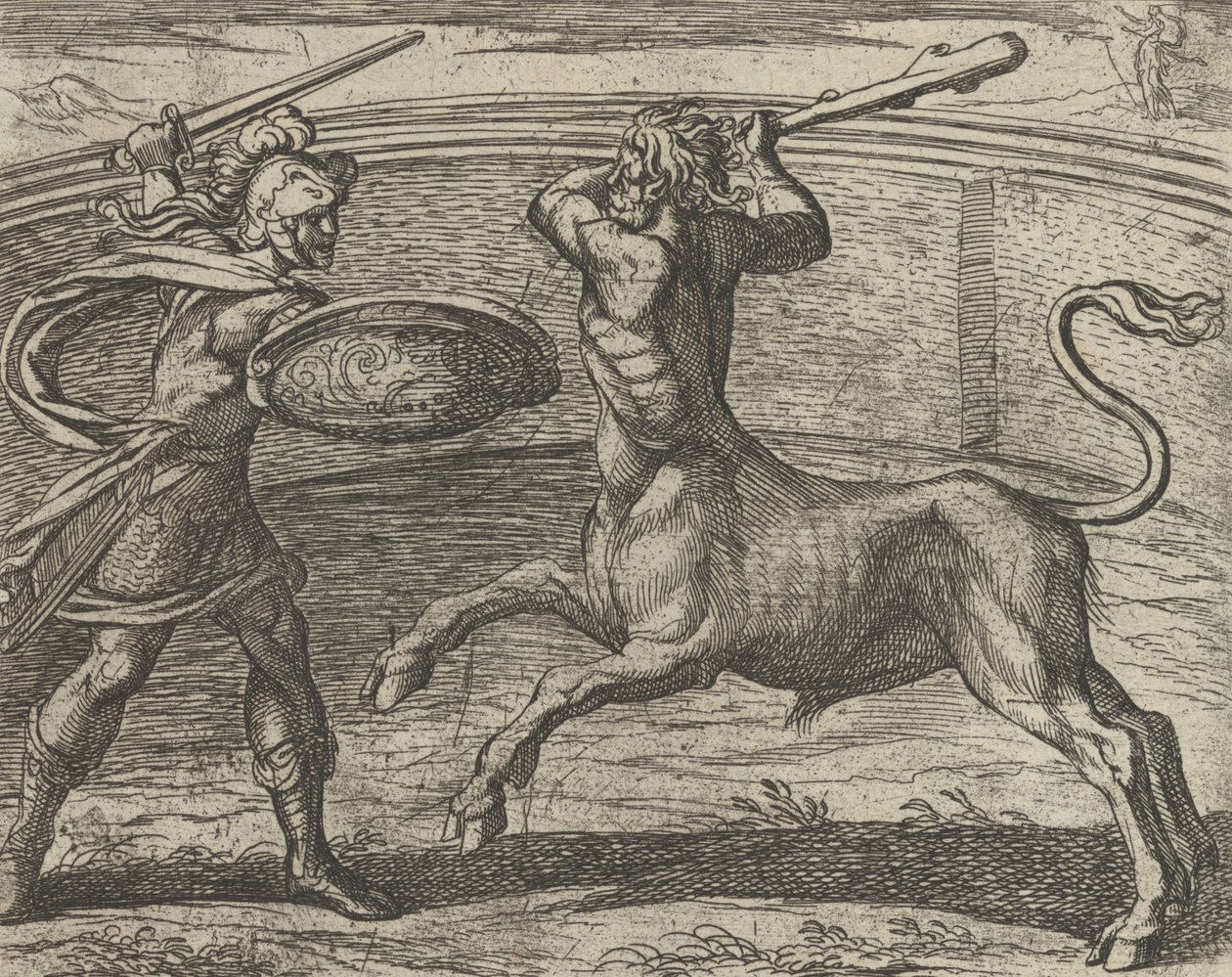 Theseus and the Minotaur Minotaurum Theseus vincit, från The Metamorphos..., publicerad efter 1606. av Antonio Tempesta