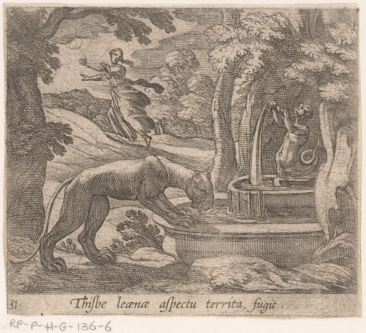 Thisbe vlucht voor the leeuwin av bron Detta är aspekten av territoriumflykten (titel på objekt) Metamorphosis and Transformation (serietitel) The Metamorphoses of Ovid (serietitel) av Antonio Tempesta